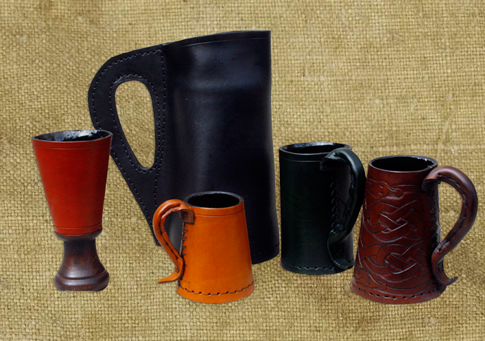 Beer tankards and goblets made from leather were popular throughout history. Picture of beer tankards and goblets.