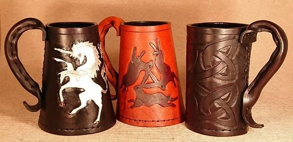 Carved leather tankards which were used extensively throughout history, now updated for modern use