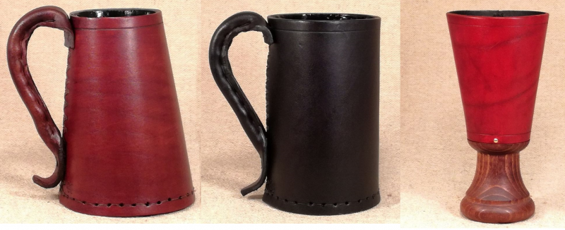 Popular drinking vessels included Tudor Leather tankard, Medieval Leather jack, and a Renaissance Leather goblet as pictured.