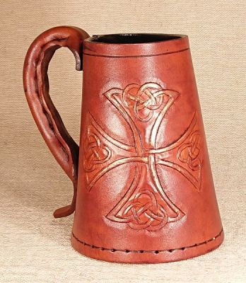 Leather Tankard Durrow Cross -  Hand Carved or Engraved