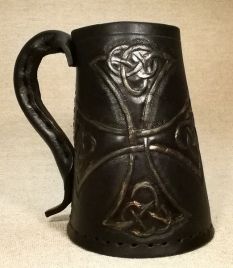 Leather Tankard Durrow Cross -  Hand Carved or Engraved